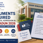Documents required for school admission in Dehradun 2026 checklist featuring Doon World School campus and admission documents for parents.