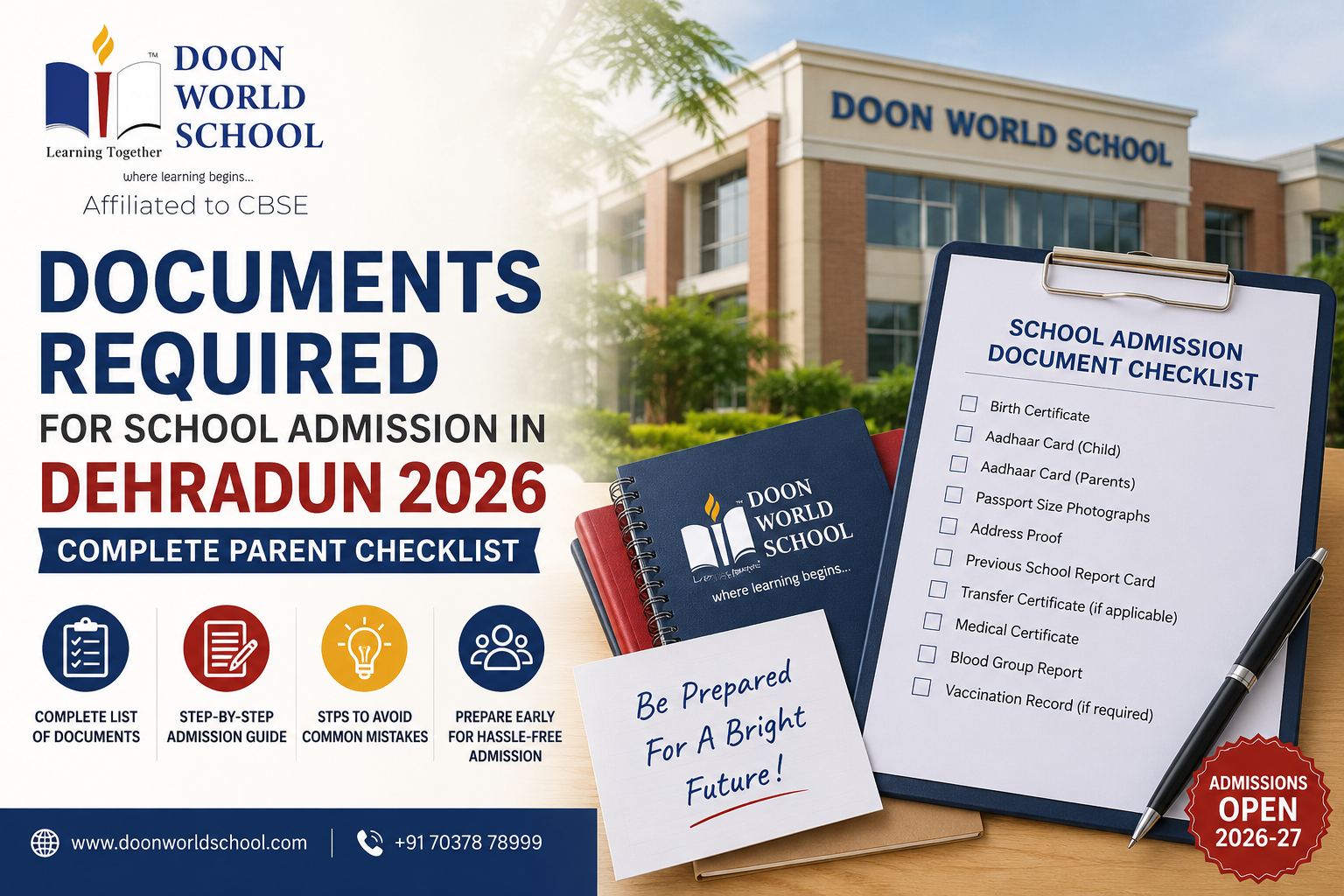 Documents required for school admission in Dehradun 2026 checklist featuring Doon World School campus and admission documents for parents.