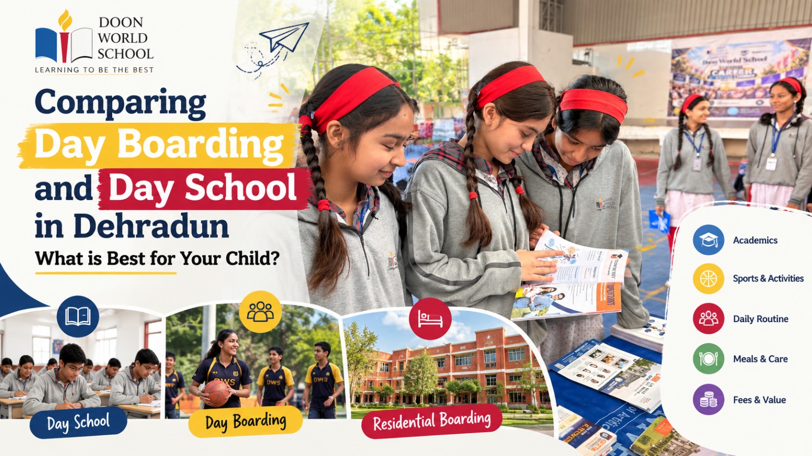 School students walking together on a campus, illustrating day boarding and day school in Dehradun